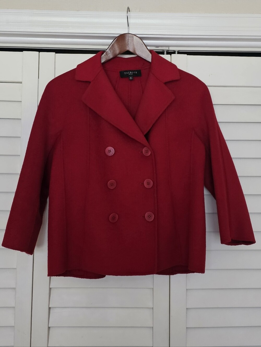 Talbots Red Cropped Jacket Size 6 Petite Double Breasted Wool Blend 3/4 Sleeves